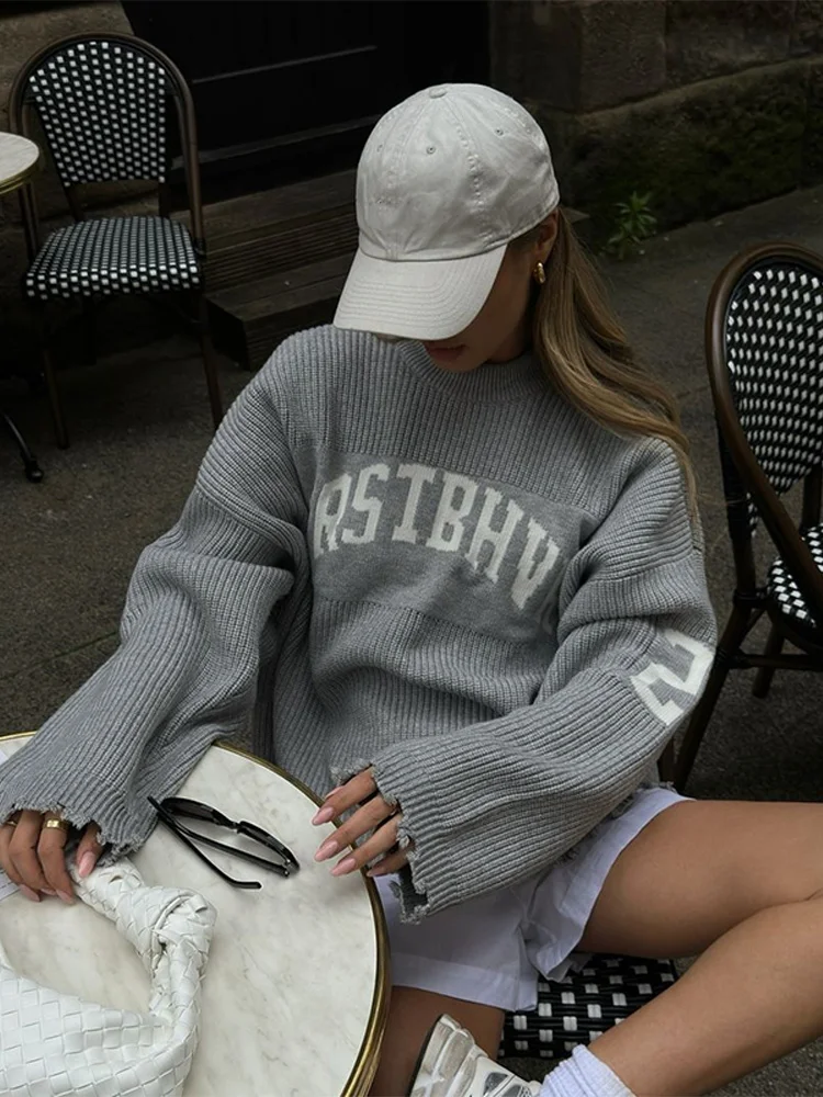 

Женский свободный свитер с принтом и буквенным узором, круглый вырез, модный вязаный пуловер для женщин, весна-осень, уличная одежда 2025