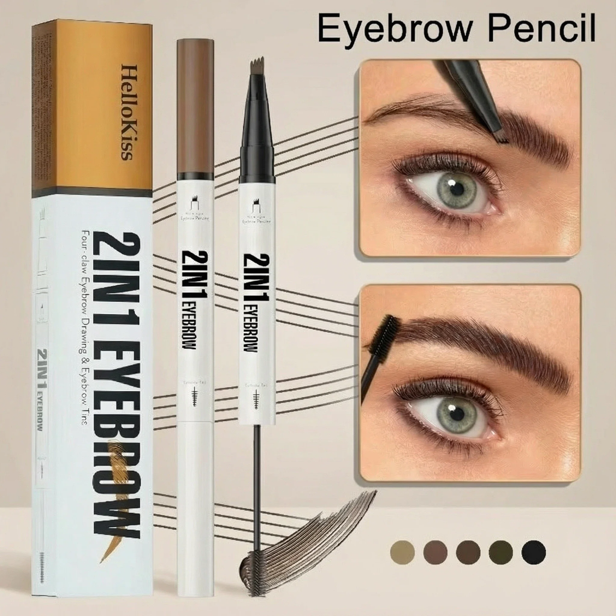 Caneta e matiz de sobrancelha 2 em 1, ponta dupla, 4 garfos, à prova d'água, secagem rápida, cria traços de cabelo, maquiagem de sobrancelha natural e elegante, 1 peça