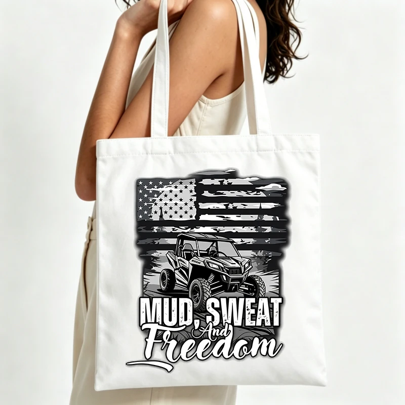 off-road vehicle and flag graphic canvas tote bag, casual style for outdoor activities and daily use