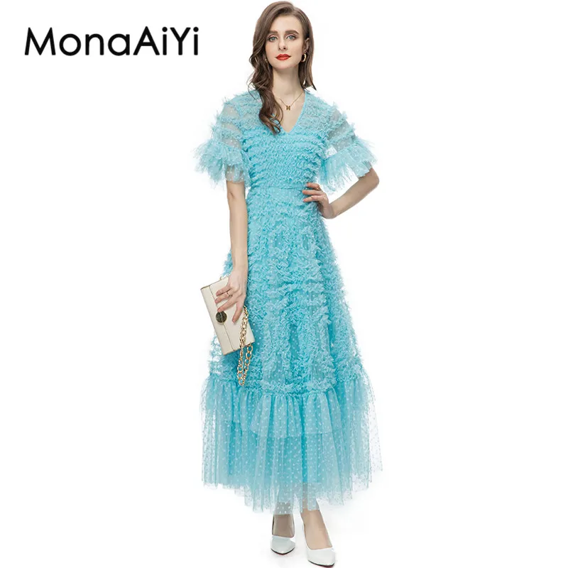 

MonaAiYi Runway Fashion Designer Dress Women's High Street V-Neck Ruffles Sleeves Cascade Fungus Selvedge Sky Blue Long Dresses