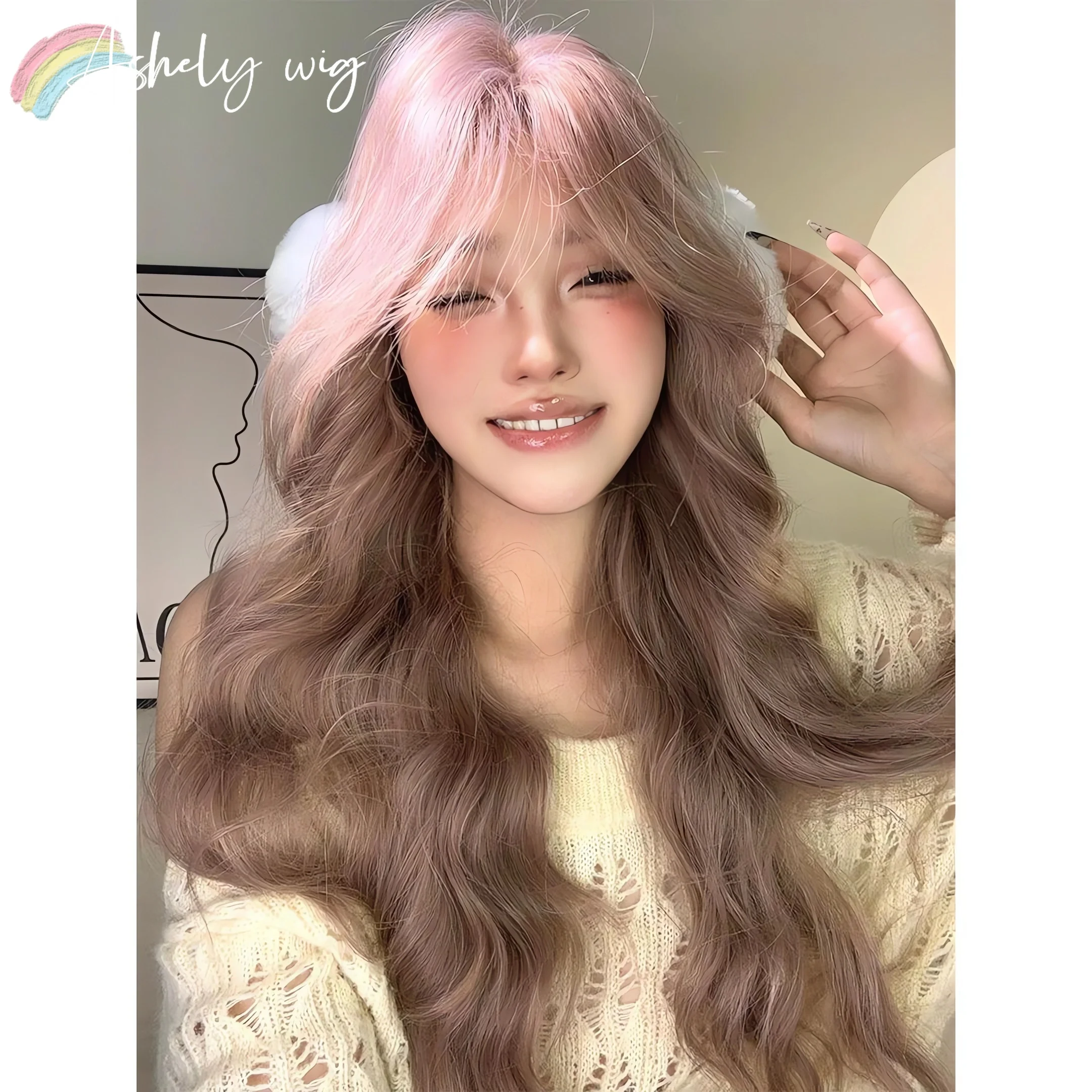 Pink Brown Wig Long Wavy Wigs Fujiwara Mozi Rose Whispering Net Red Sweet Atmosphere Feeling Wig Female Synthetic Headband Wigs