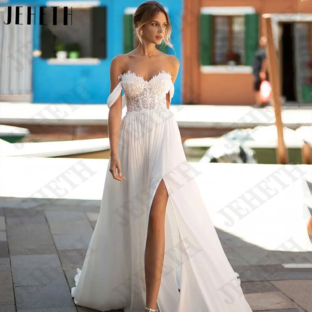 JEHETH Chiffon Appliques Bride Dresses Off Shoulder Short Sleeves Wedding Gowns Side Split Backless Custom Made robe de mariée