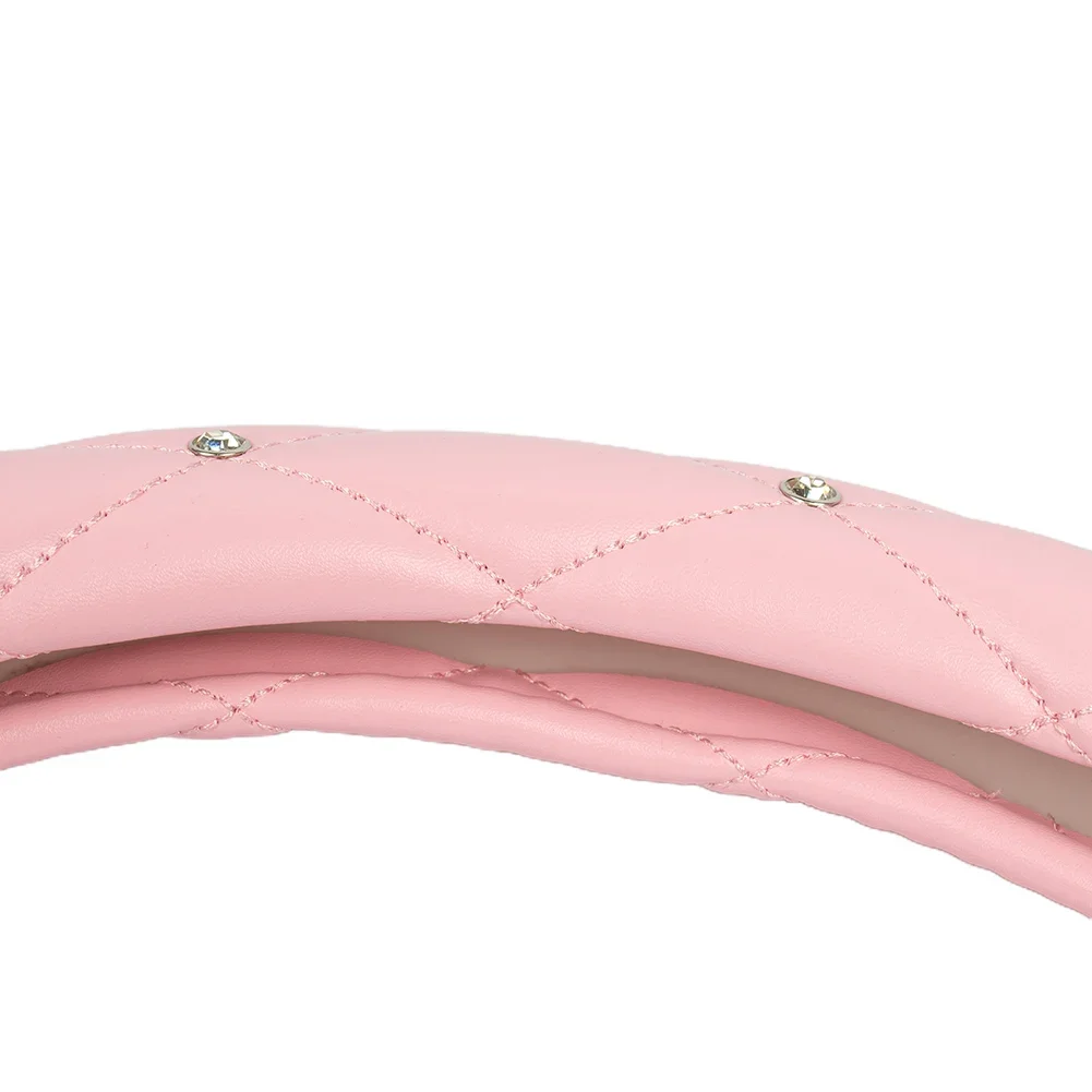 1pc Pink Car Steering Wheel Cover 38cm/15Inch PU Leather Bling W/ Rhinestone Decor Exquisite Workmanship & Delicate Fashion