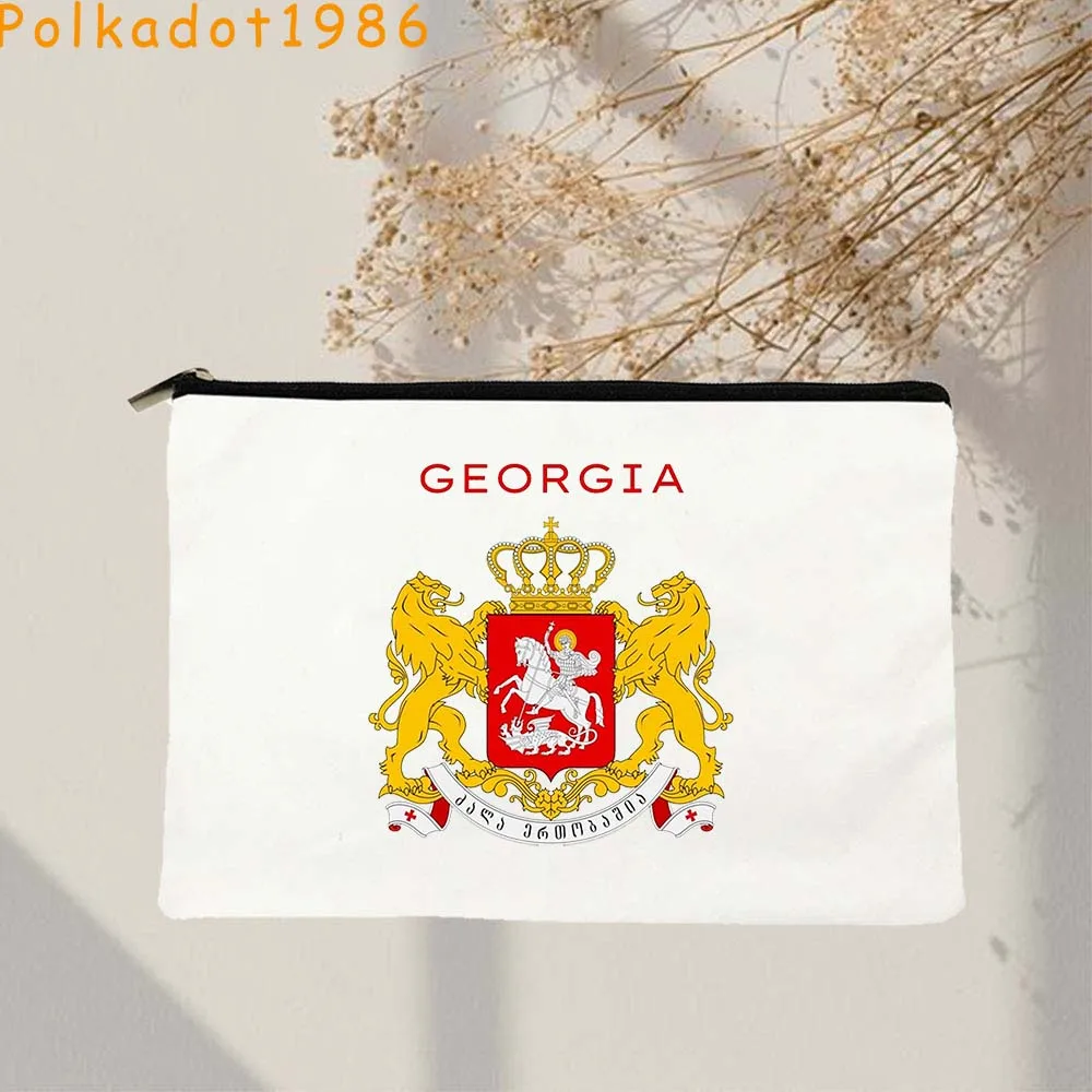 Vintage Love Heart Georgia Flag Map Sakartvelo Georgia State Flag Map Letter Print Canvas Cosmetic Makeup Bags Pencil Case Pouch