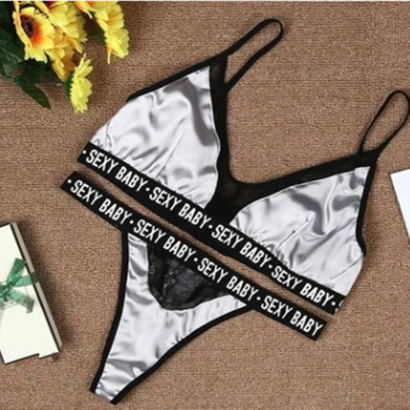 Conjuntos de ropa interior Sexy para mujer, conjunto de sujetador y bragas, conjunto de sujetador de ropa interior para mujer, Bralette, sujetador para mujer con estampado de letras, retazos de encaje Sexy