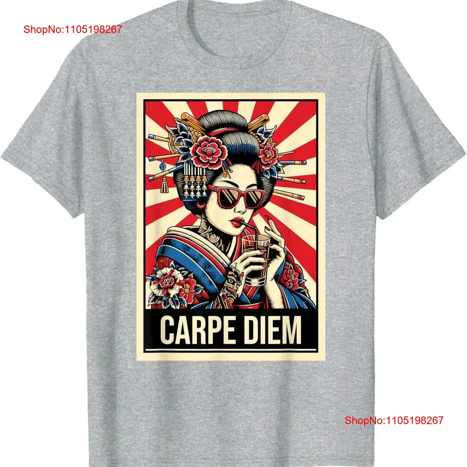 

Geisha Sipping Drink in солнцезащитные очки Carpe Diem футболка с принтом винтажная стираная удобная домашняя футболка унисекс слегка модная мягкая