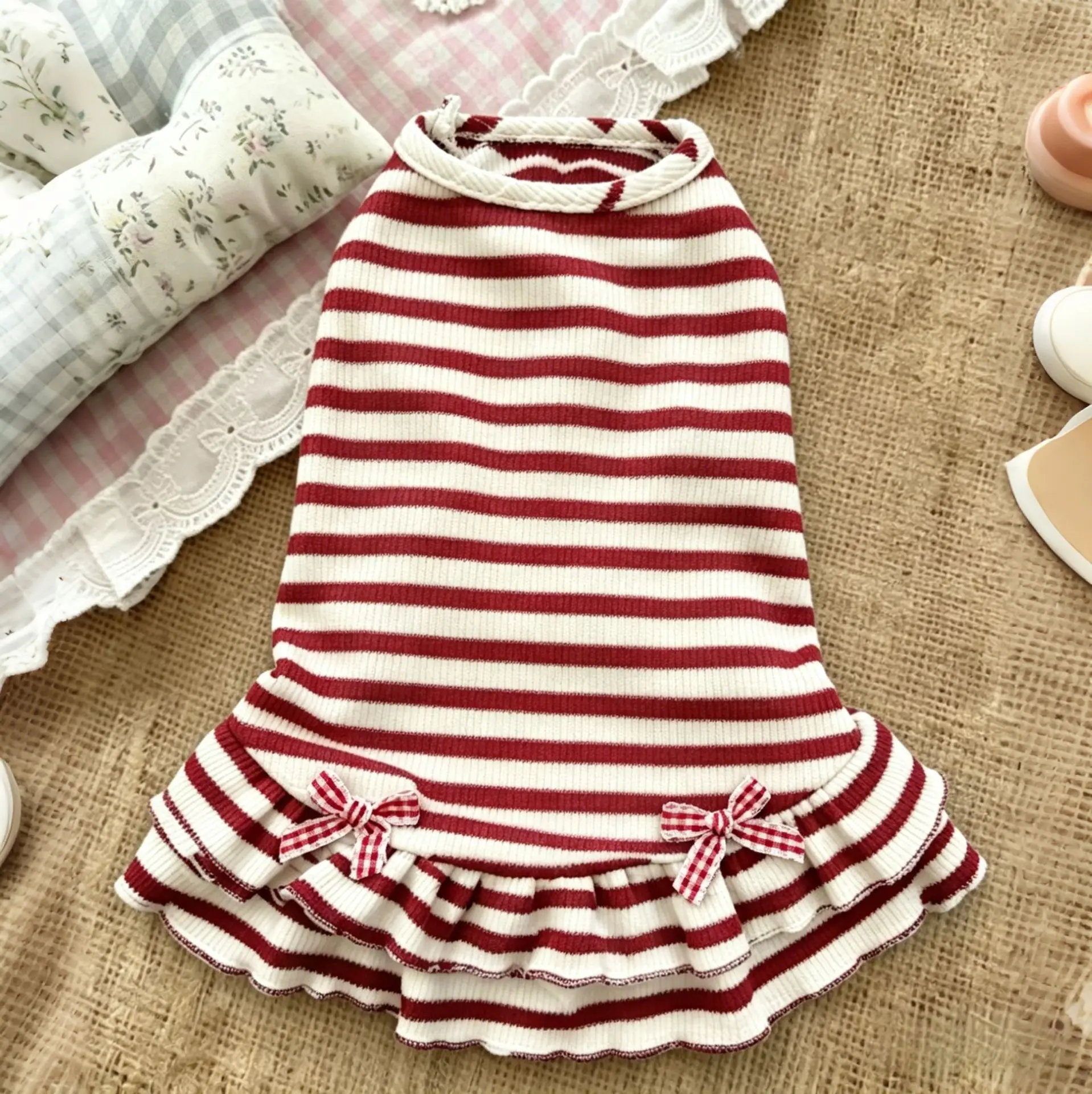 Cute Red White Striped Pet Dress Sleeveless Ribbed Dog Skirt with Bowknot Soft Breathable Puppy Kitten Vest Clothes