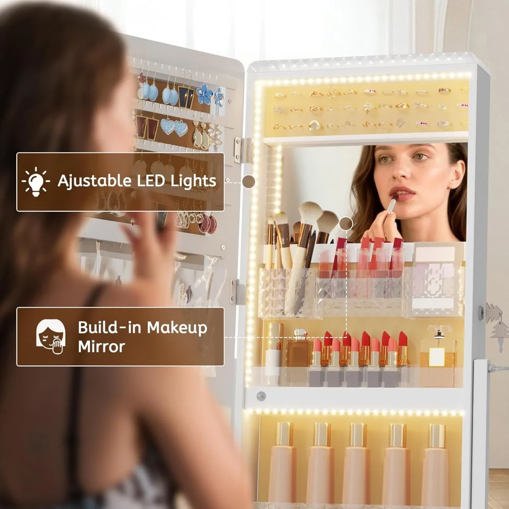 Upright LED Jewelry Mirror Cabinet with Full-Length Reflection and Lockable Storage