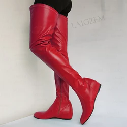 LAIGZEM Women Thigh High Boots Faux Leather Round Toe Side Zip Mid Hidden Heels Boots Ladies Shoes Woman Big Size 37 42 44 50 52