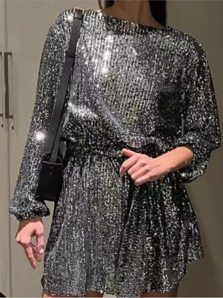 

2025 Summer New Women's Fashion Autumn Sequin Party Dress Sparkle Long Sleeve Round Neck Short Cocktail Dress With Belt Females