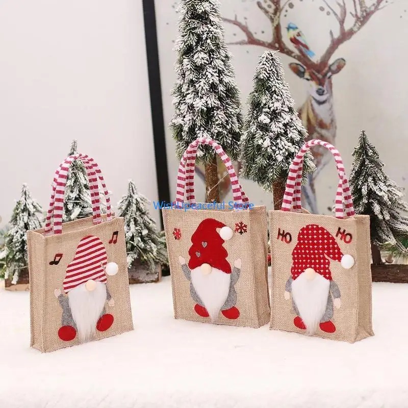 

34YA 3 Pack of Gnomes Linen Christmas Gift Bags Christmas Themed Gift Bag with Handle