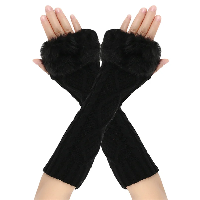 hirigin Women Fingerless Gloves Knitted Gloves Fur Patchwork Stretchy Soft Winter Warm Long Mittens Out Going Streetwear 2025