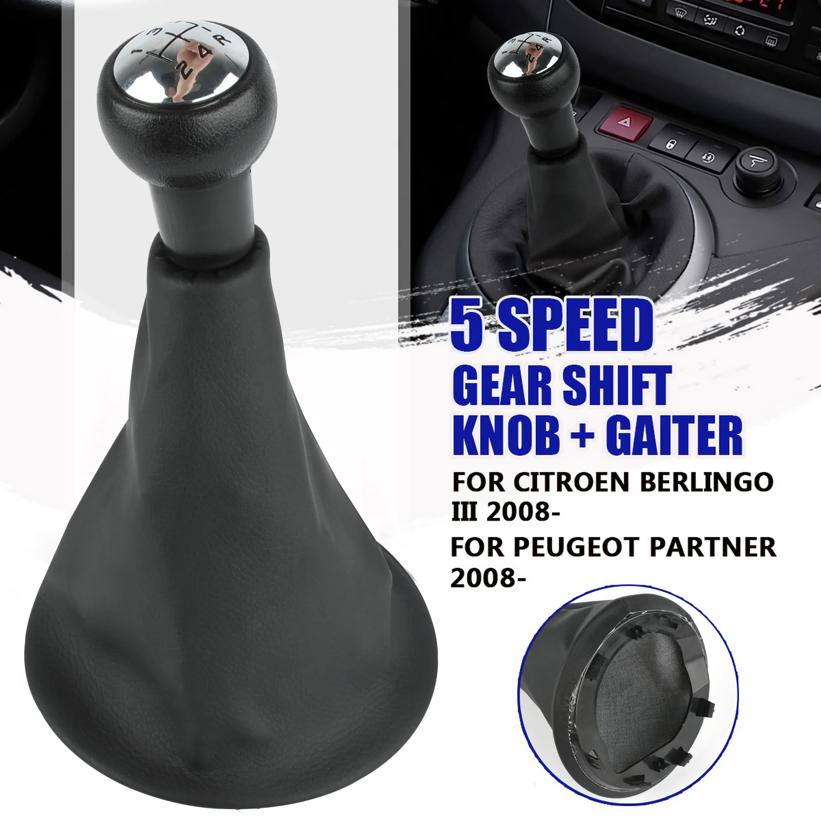 

5 Speed Car Gear Shift Knob+Gaiter For Citroen Berlingo III For Peugeot Partner 2008-2021Car Gear Stick Knob