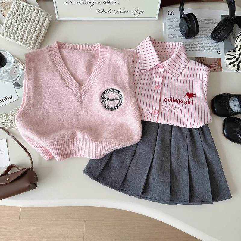 Girls' Spring and Autumn New Fashionable Pink Striped Shirt Sweater Vest Pleated Skirt College Style Three-Piece Set