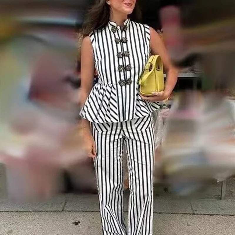 

Fashion Stripe Single Breasted Vest&Straight Pants Sets Casual High Waist Long Pants Two Piece Sets Women Summer High Street Set