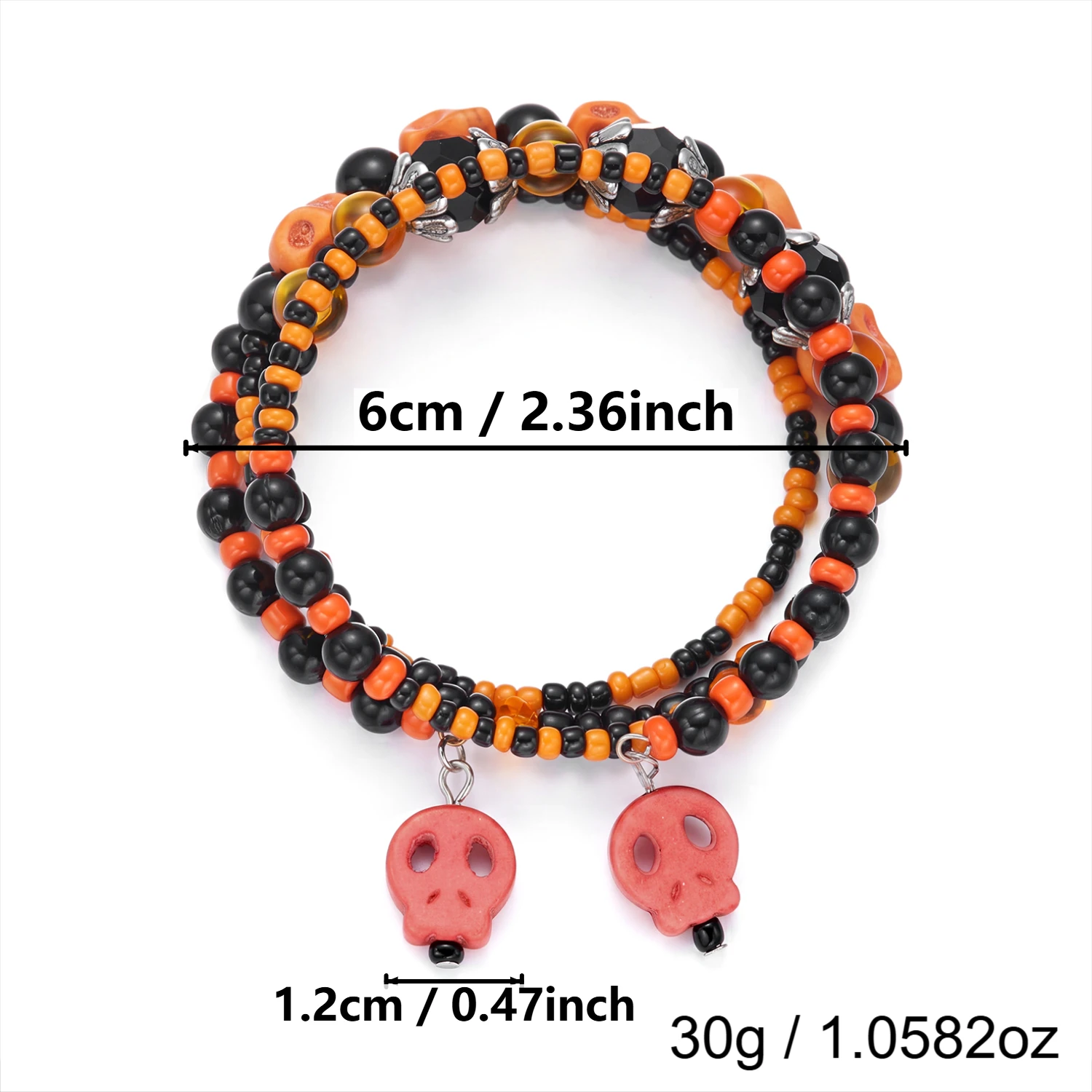 Kreatives Mehrschichtiges Totenkopf-Reisperlen-Armband für Damen und Herren Punk Goth Skelett Stapelbare Armbänder Halloween-Party-Schmuck – Detail 9