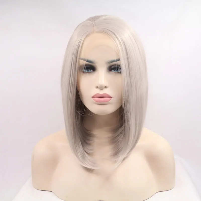 Peluca de cabello sintético con encaje frontal para mujer, pelo corto recto Bob, gris Platino, 13x4, fibra resistente al calor, alta calidad, Cosplay