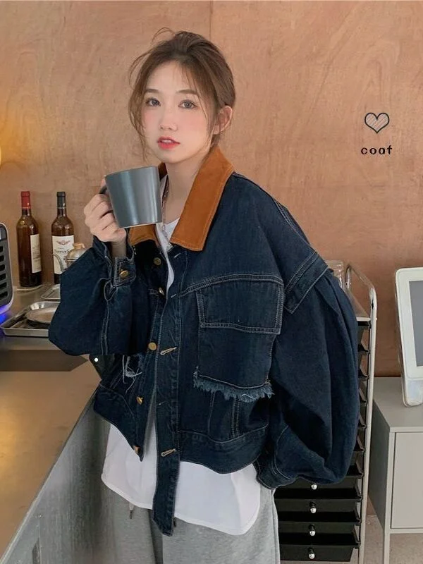 Chaqueta vaquera corta elegante para mujer, diseño con cuello de terciopelo, corte holgado, estilo vintage, camisa tipo chaqu...