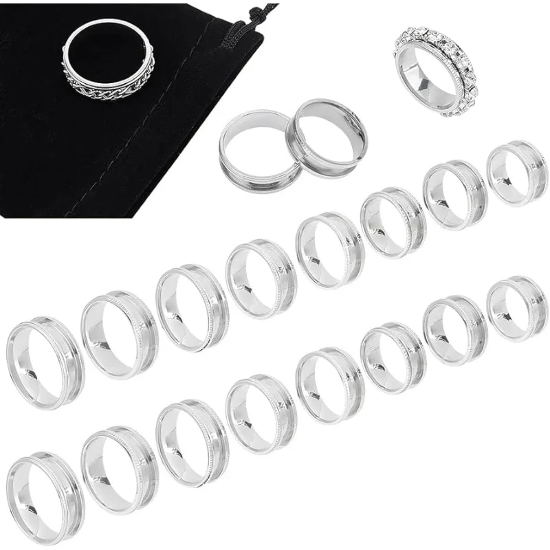 16pcs 8 Sizes Stainless Steel Grooved Finger Ring Blank Core Finger Rings Wide Band Empty Ring for Inlay Ring Jewelry Making Gif