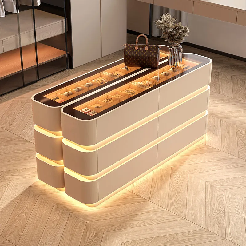 Nordic Cream Style Jewelry Cabinet Multi Layer Storage with LED Light Compartment Display Closet Island Cabinet Furniture FYMS