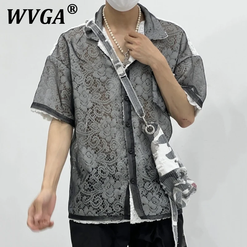 

WVGA Spring Summer New Men's Tide High Street Original Design Niche Shirts Hollow Out Loose Chic Casual Short Sleeve Shirt W8096