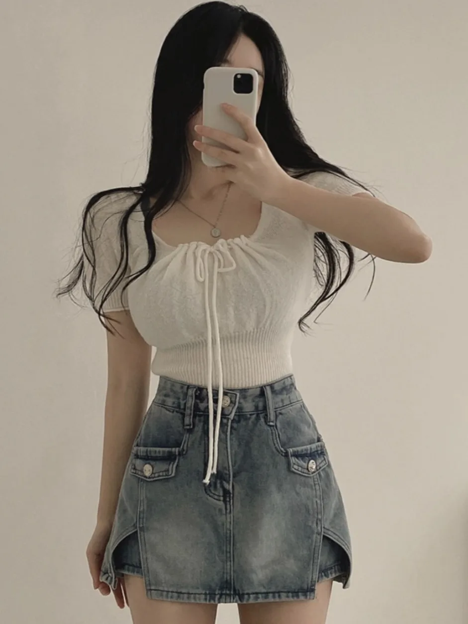 

Chic Summer Slim Fit Pure Color ort Sve Knitted Top with Bow Tie Square Collar Sweet Sle Women's Faion