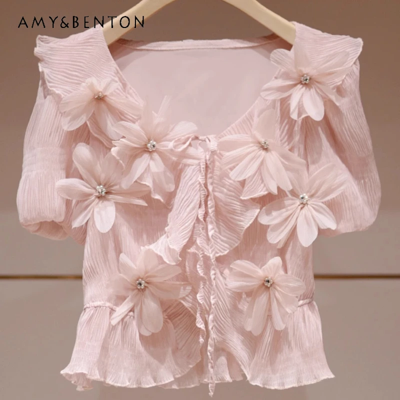 

Original Design Women's Clothing 2025 Summer New Bubble Sleeve Flower Round Neck Pink Shirt Sweet Thin Versatile Shirts Ladies