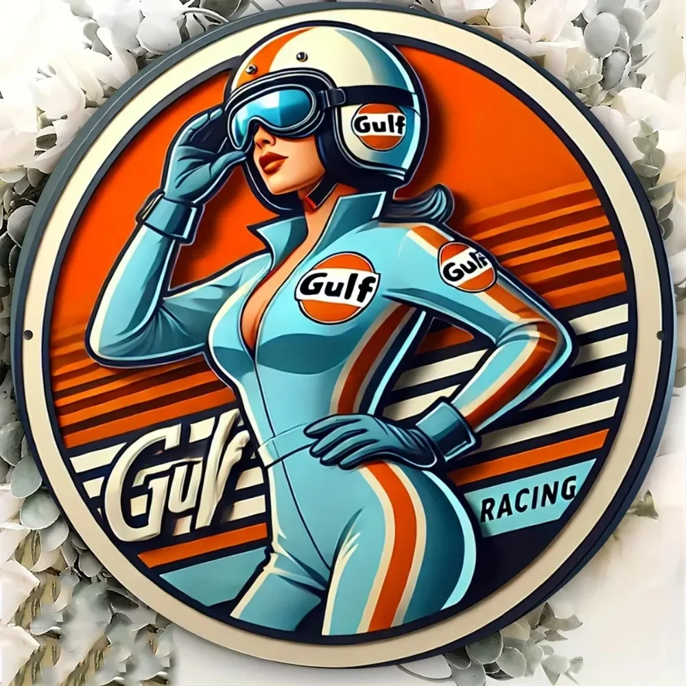 Sinal de decoração de parede de metal vintage Gulf Racing |   Placa de arte de alumínio de 8 x 8 polegadas com design retrô Woman Racer, ideal para casa