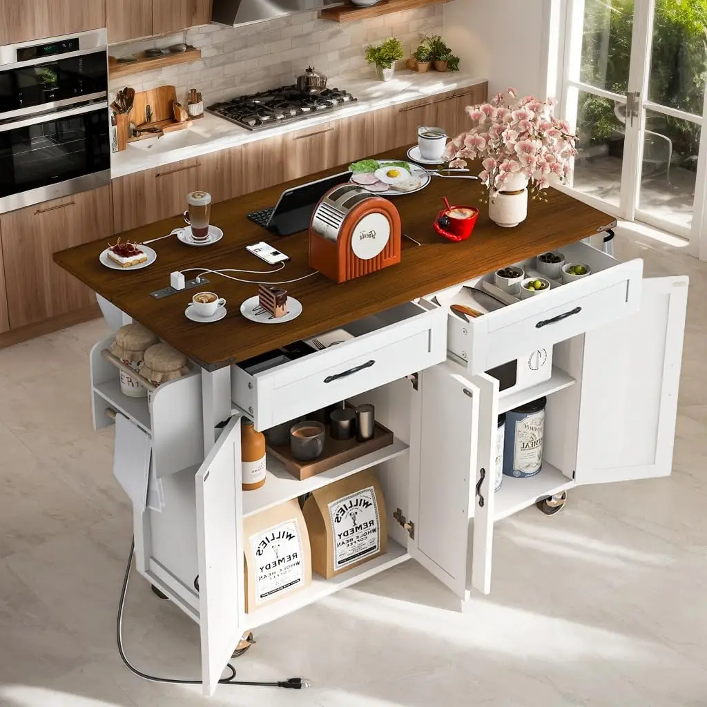 Mobile Kitchen Island Cart with Folding Wood Drop Leaf Breakfast Bar with Power Outlet, Portable Trolley Island Table on Wheels