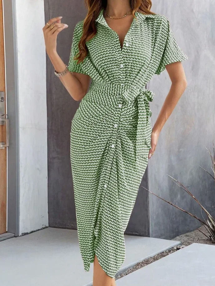 CPSYMYM Sukienki damskie Letni skręcić w dół kołnierz Wysoka talia Casual Krótki rękaw Ruched Button Codzienna sznurowana długa sukienka koszulowa