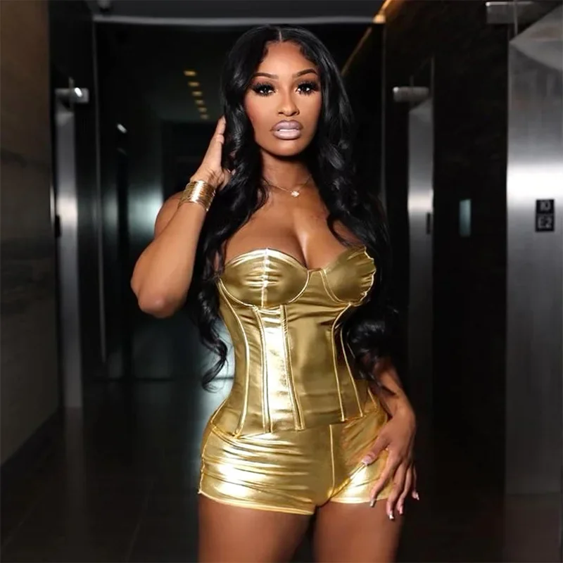 

Metallic Gilding Faux Leather Two Piece Set Women Sexy Y2K Strapless Corset Crop Tops Elastic Waist Shorts Party Clubwear Suits