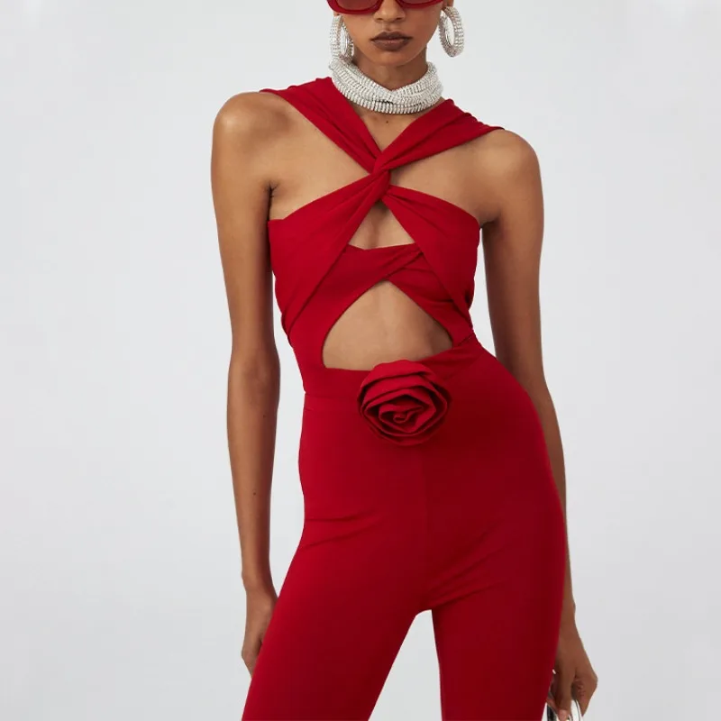 One Piece Swimsuit For Women Swimsuit Women's Three-dimensional Flower Decoration Hollow Solid Color Sexy Onesie Trousers Set