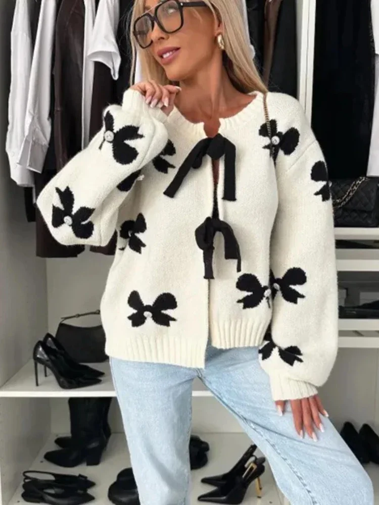 

QWEEK Y2k Knitted Knit Cardigan 2025 Spring Autumn Bow Bandage Casual Streetwear Long Sleeve Sweater for Women