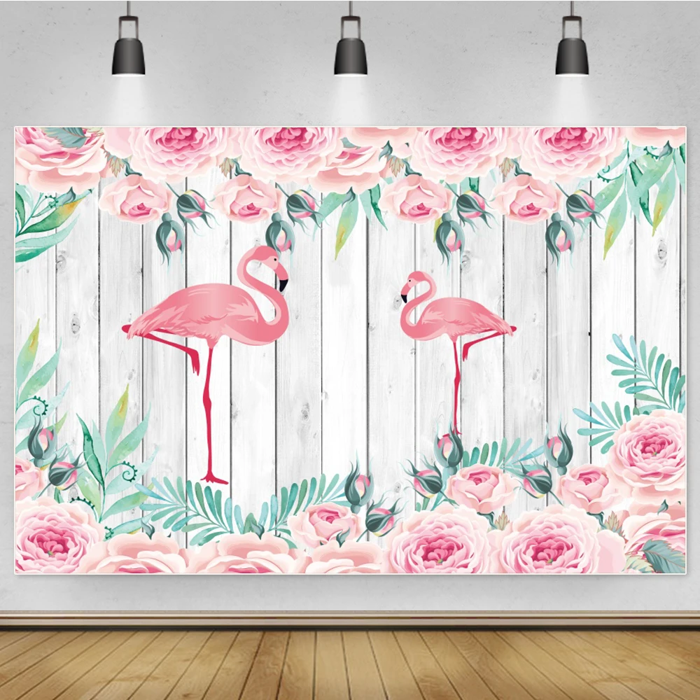 

Flamingo Backdrops Pink Birthday Party Flowers Watercolor Gray Plank Poster Baby Photographic Backgrounds Photocall Photo Studio