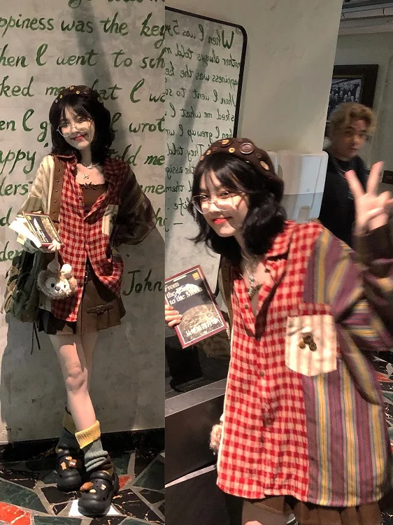 

ALITTLE винтажная клетчатая длинная све айрт на пуговицах, дизайн Sense, лоскутное осеннее домашнее поле, женская свободная посадка, дышащий солнцезащитный крем