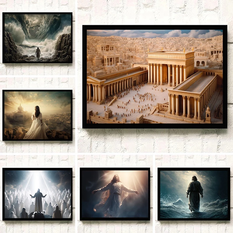 Moses Parted The Red Sea Jesus Ascension Walk on Water Noah's Ark Bible Impression Poster Canvas Painting Wall Art Pictures Home