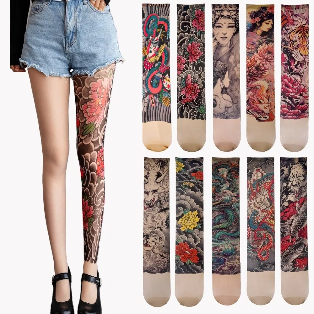 Personalized Japanese Style Full Leg Tattoo Socks Elastic Thin Fake Tattoo Socking Breathable Seamless Sun-proof Socks Riding