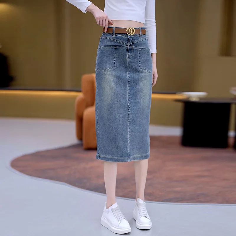 تنورة متوسطة الطول من الدنيم للنساء، تنورة ضيقة متوسطة الطول متعددة الاستخدامات للخريف، تنورة مستقيمة بفتحة خلفية قابلة للتمدد بخطوة واحدة