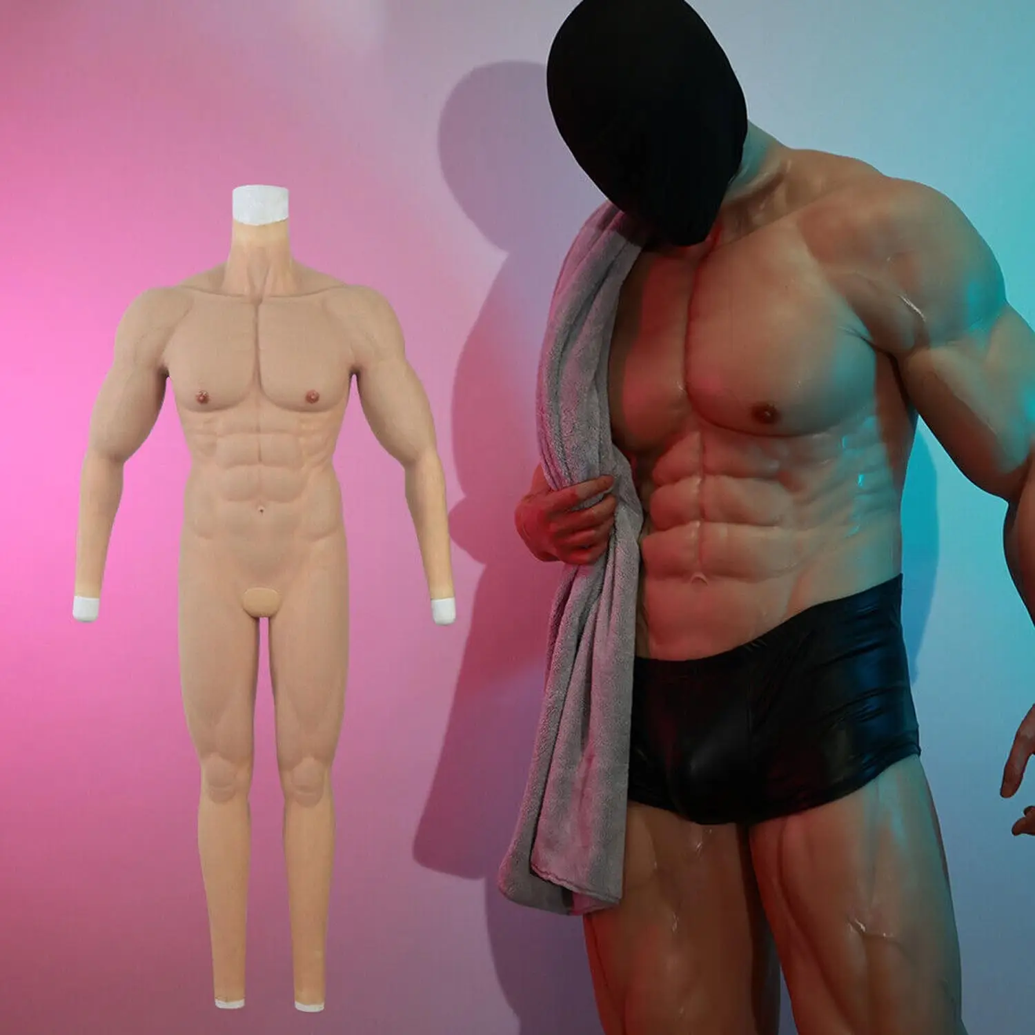 

Black Color Muscle Bodysuit Silicone Male Fake Chest Artificial Simulation Muscles Crossdressing Clothes Full Body Suit Cosplay