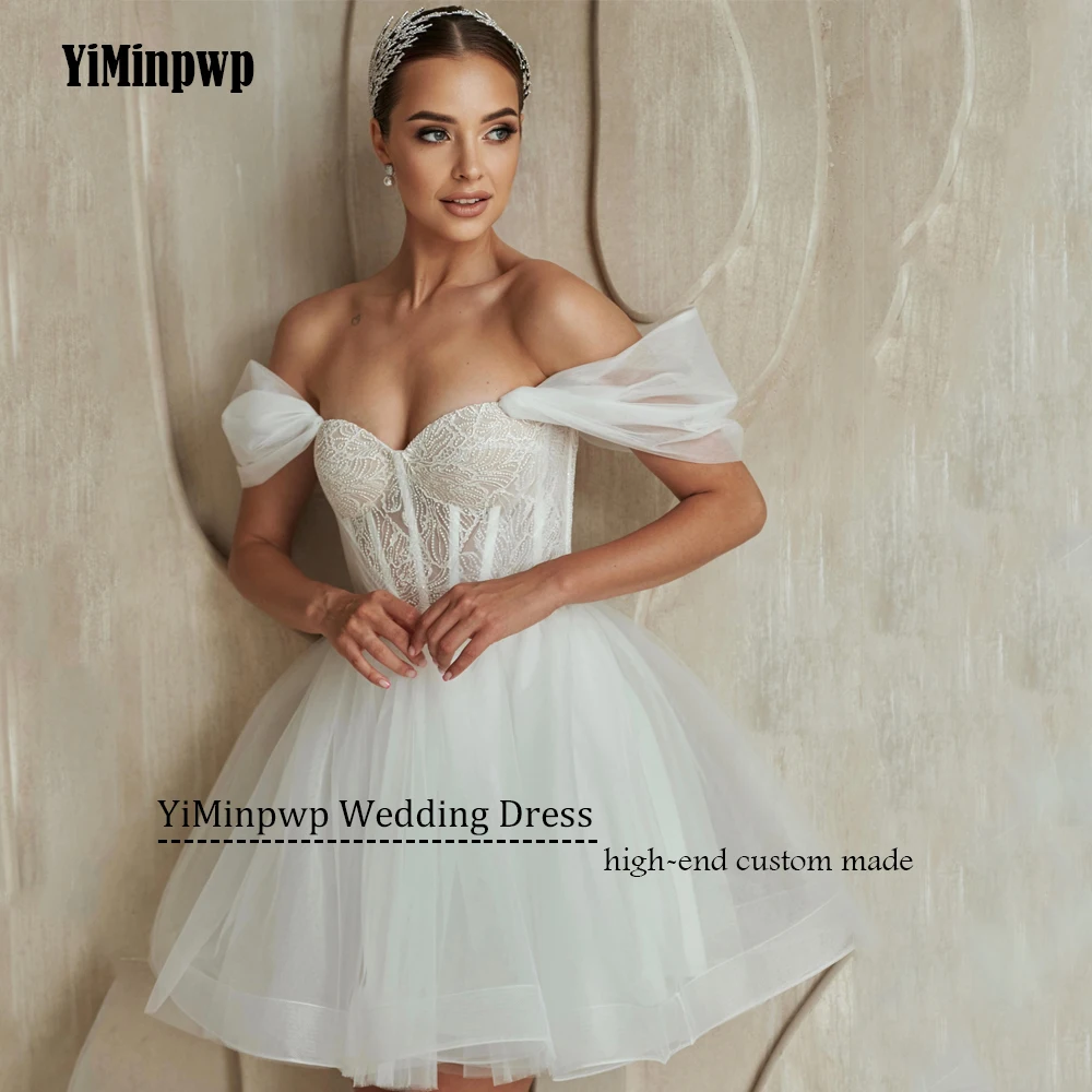 Lace Sweetheart A-Line Wedding Dresses Off Shoulder Backless Applique Tulle Short Bride Party Gowns Customized vestidos de novia