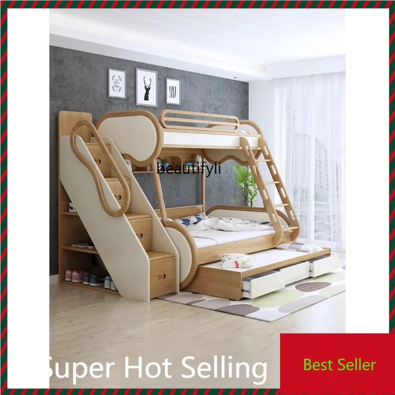 QQ132 Nordic Solid Wood Height up and down Bunk Bed Adult Child and Mother White Ash Soft Pack Bed