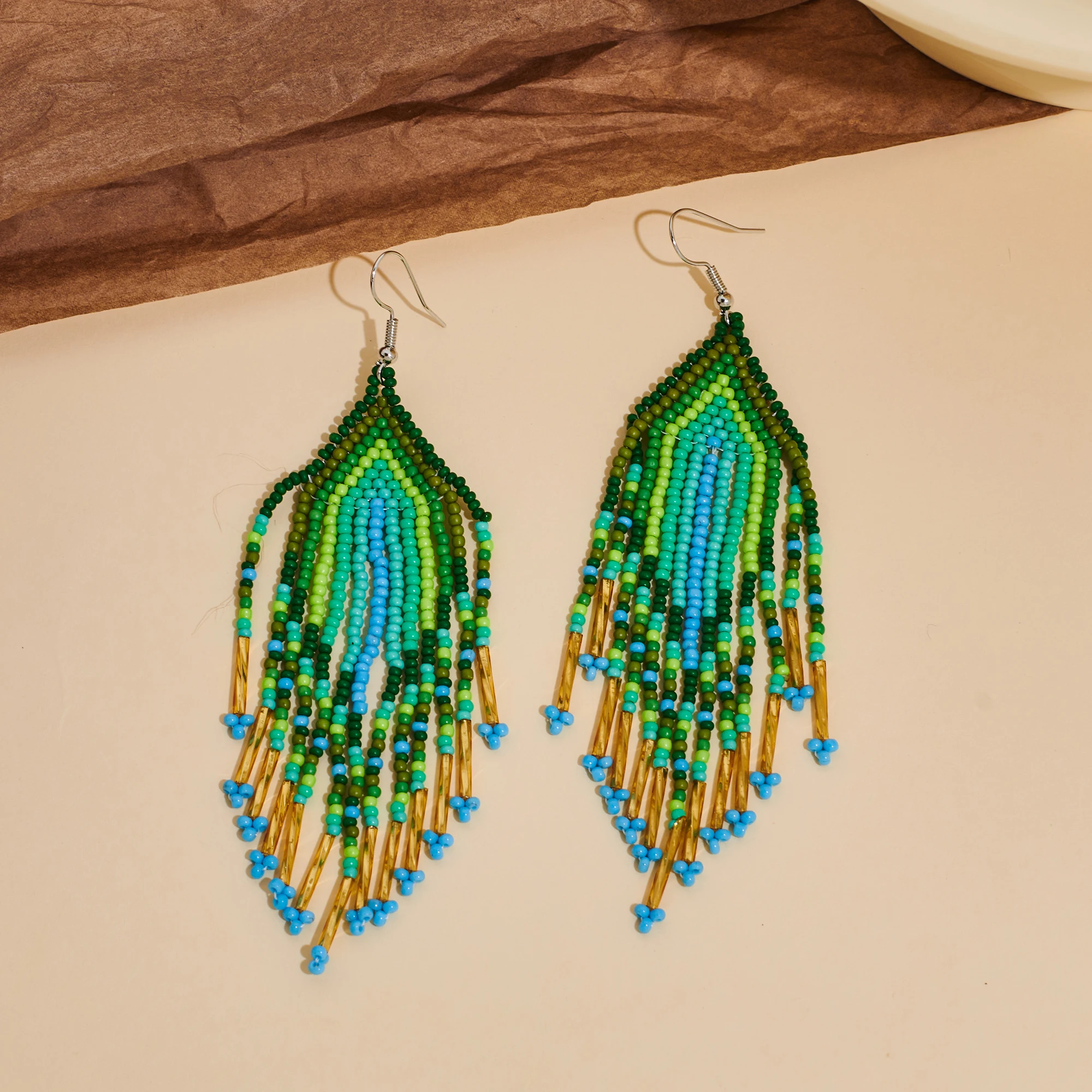 Bohemian style, hand-beaded tassel earrings
