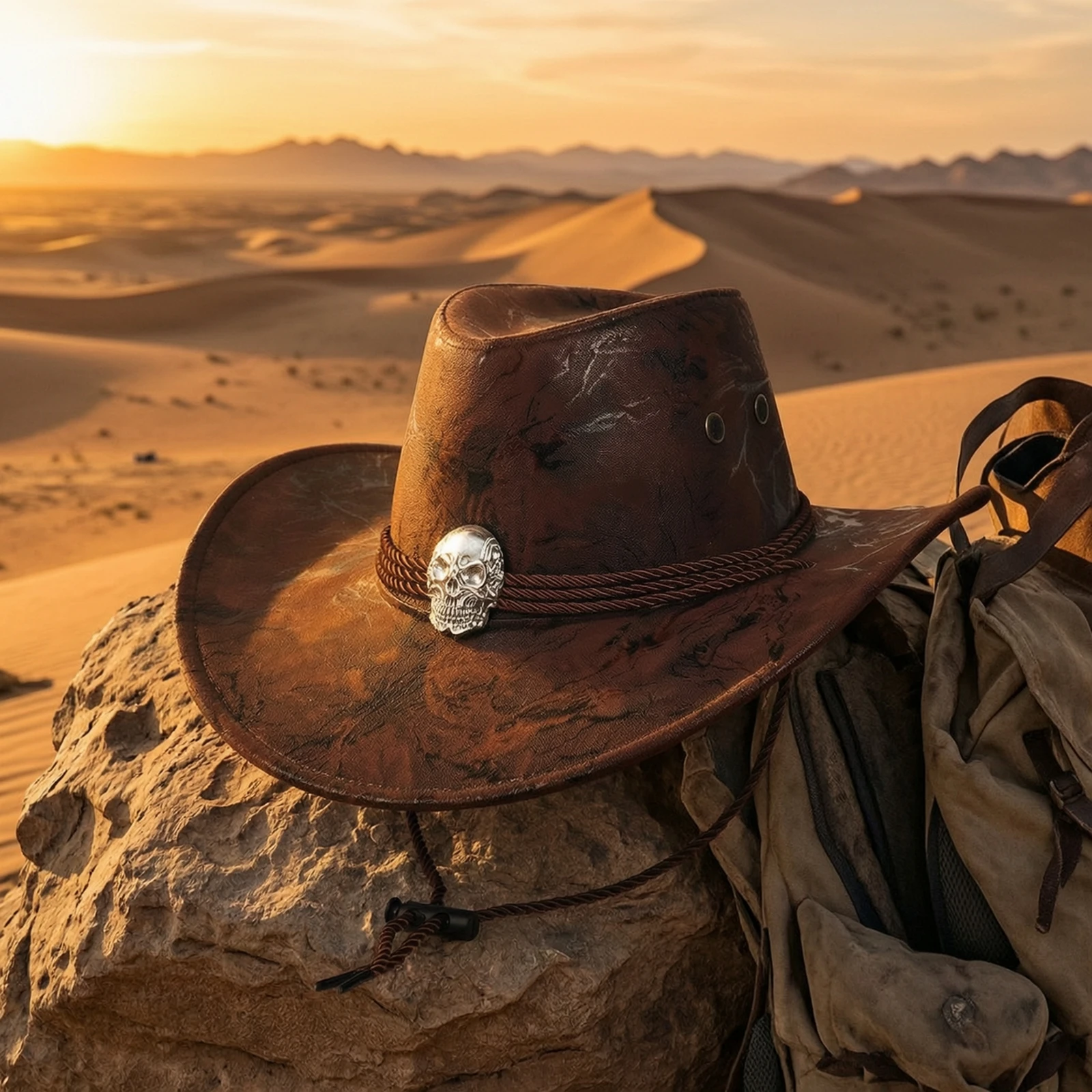Cowboy Hat with Chin Cord Structured Western Hat with Skull Ornament Classic Retro for Men, Festivals, Outdoor Travel