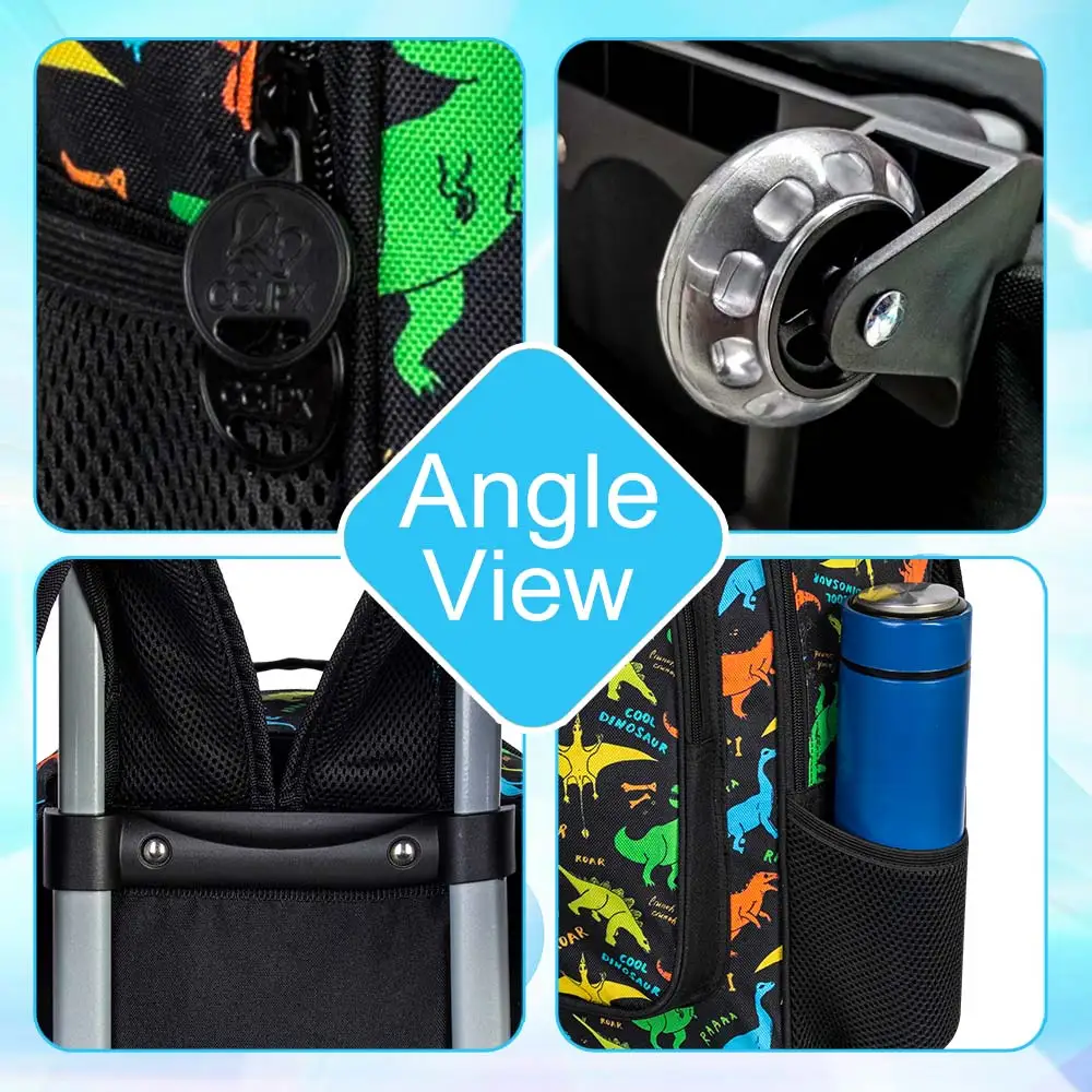 3-delige rollende rugzak voor jongens, dinosaurusrolboekentas voor kinderen met wielen, schooltassenset op wielen voor elementair - zwart