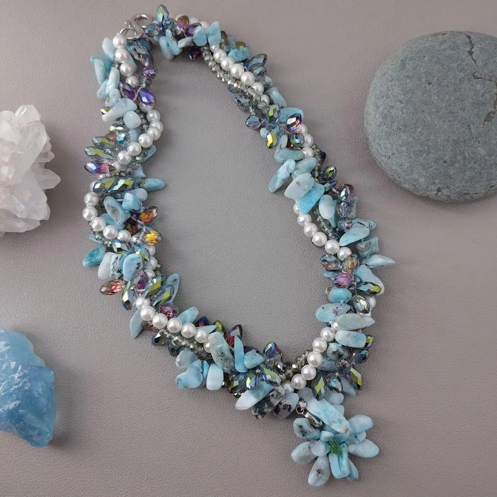 Y·YING   4 Strands Larimar White Sea Shell Crystal Torsade Necklace Elegant Statement Necklaces Jewelry