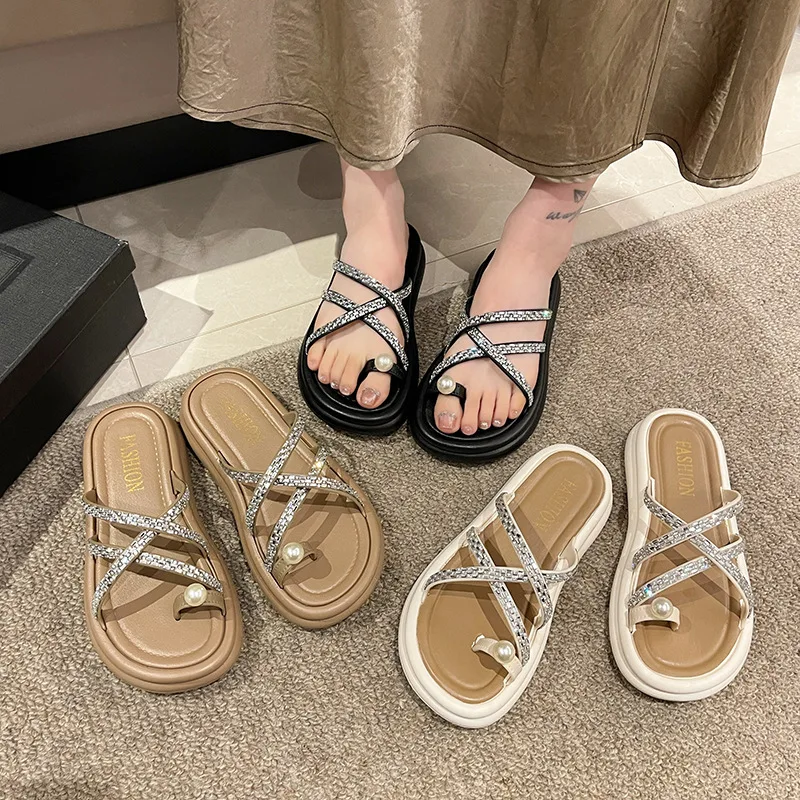 Tongs Parker en biscuits perlé pour femmes, pantoufles à l'offre elles optiques d'été, sandales de plage romaines, 2024