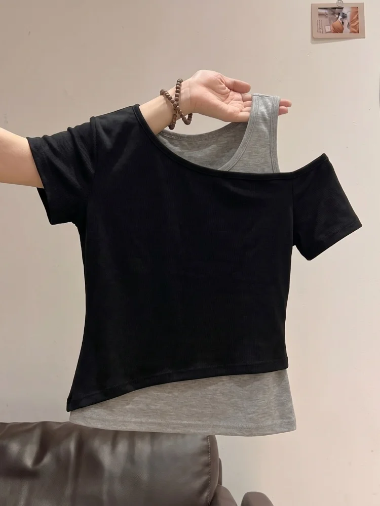 Black Side Color Block Short Sleeve T-Shirt Women's Fashion Summer Top Asymmetrical Korean Style Straight Body Fit Single 