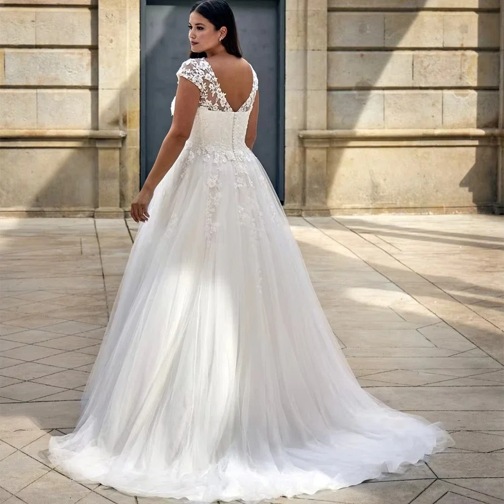 Illusion Round Neckline Cap Sleeve Lace Wedding Dress Floral Applique Bodice Tulle A Line Ball Gown Skirt with Sweep Train