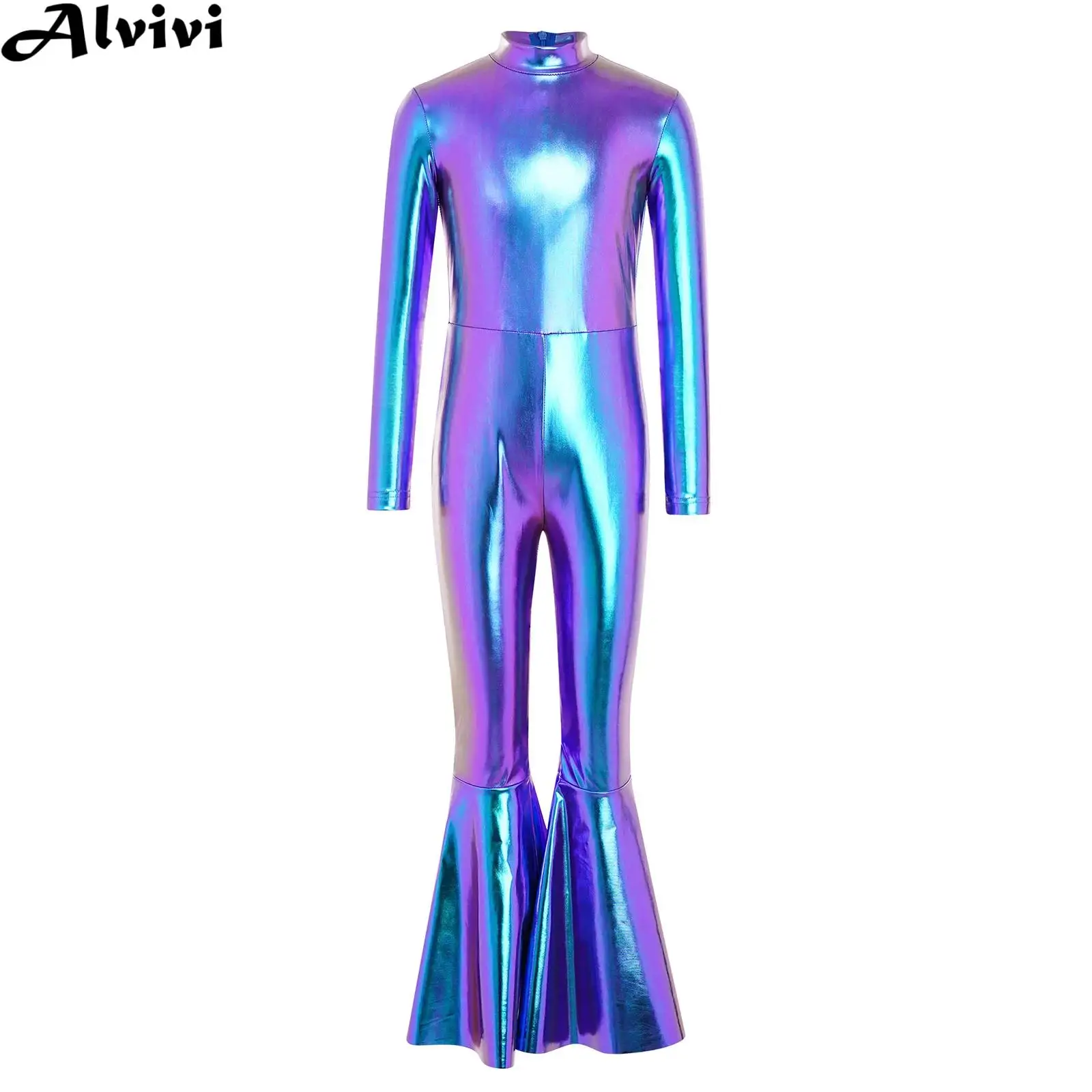 Kids Girls 70s Disco Jazz Dance Jumpsuit Metallic Shiny Bell-bottom Bodysuit Halloween Carnival Hippie Cowgirl Cosplay Costume