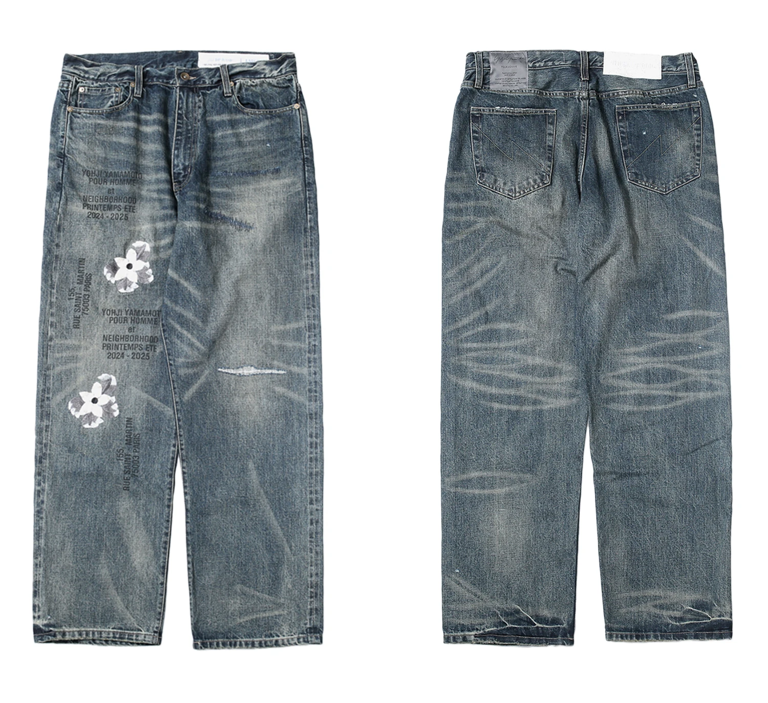 

Джинсы с красными ушками японского бренда Tide, вышитые старыми цветами, NEIGBORHOOD × YOHJI